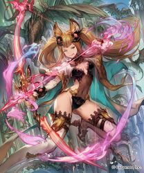 Rule 34 | 10s, 1girl, :q, ;q, animal ears, arrow (projectile), bad id, bad twitter id, bow (weapon), breasts, clothing cutout, drawing bow, erune, granblue fantasy, hair ornament, highres, holding, holding bow (weapon), holding weapon, lee hyeseung, long hair, metera (granblue fantasy), mole, mole under mouth, nail polish, one eye closed, see-through, shingeki no bahamut, side cutout, smile, solo, thighhighs, tongue, tongue out, twintails, weapon