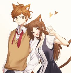 Rule 34 | 1boy, 1girl, :d, ahoge, animal ear fluff, animal ears, black dress, blush, breasts, brown eyes, brown hair, cat ears, cat girl, cat tail, cleavage, collarbone, collared shirt, danganronpa another, dress, frills, hand up, heart, heart tail, hetero, highres, long hair, long sleeves, looking at viewer, maeda yuki, necktie, one eye closed, open mouth, pants, ppakunak, red neckwear, ribbon, shirt, short hair, short sleeves, simple background, smile, tail, taira akane, undone necktie, white shirt