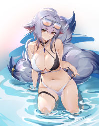 Rule 34 | 1girl, absurdres, ahoge, arm support, azur lane, bikini, black choker, breasts, brown eyes, brown hair, choker, cleavage, closed mouth, collarbone, earrings, eyewear on head, groin, head tilt, highres, jewelry, large breasts, leaning to the side, looking at viewer, multiple tails, navel, purple hair, shallow water, short hair, sidelocks, silver, sitting, solo, star (symbol), stomach, sunglasses, swimsuit, tail, tail ornament, thigh strap, tosa (azur lane), tosa (hometown zest) (azur lane), two-tone bikini, water, wucanming, yokozuwari