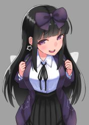 Rule 34 | 1girl, black hair, black ribbon, black skirt, blunt bangs, blush, bow, breasts, collared shirt, commentary request, cookie (touhou), cowboy shot, earrings, fairy wings, grey background, hair bow, highres, hime cut, jacket, jewelry, large breasts, long hair, looking at viewer, neck ribbon, open mouth, purple bow, purple eyes, purple jacket, ribbon, s ibane, shirt, shunga youkyu, sidelocks, simple background, skirt, smile, solo, star (symbol), star earrings, star sapphire, touhou, white shirt, wings
