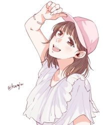 Rule 34 | 1girl, adjusting clothes, adjusting headwear, arm up, bangle, baseball cap, blunt bangs, blush, bracelet, brown eyes, brown hair, character request, collarbone, commentary request, hat, jewelry, kougi hiroshi, looking at viewer, love live!, love live! sunshine!!, pink hat, real life, shirt, short hair, short sleeves, simple background, solo, tareme, teeth, twitter username, upper teeth only, voice actor, white background, white shirt