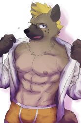 Rule 34 | 1boy, abs, bara, blonde hair, blush, commentary request, facial mark, fang, flying sweatdrops, furry, furry male, glasses, highres, hyena boy, hyena tail, live a hero, looking at viewer, male focus, male underwear, muscular, muscular male, nipples, open mouth, partially undressed, pectorals, roiker (live a hero), sakuhuu, shirt, star (symbol), star facial mark, underwear, white shirt, yellow male underwear