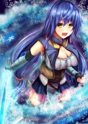 Rule 34 | 1girl, :d, bad id, bad pixiv id, blue hair, breasts, cleavage, detached sleeves, fingerless gloves, gauntlets, gloves, kanzaki kureha, large breasts, long hair, low-tied long hair, open mouth, original, sideways glance, skirt, smile, solo, sword, very long hair, weapon, yellow eyes