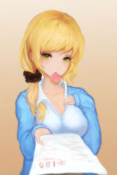 Rule 34 | 1girl, beige background, blonde hair, blue jacket, breast suppress, breasts, buttons, cleavage, collarbone, collared shirt, commentary request, condom, condom in mouth, dress shirt, ellen baker, eyelashes, green eyes, hair ornament, hair over shoulder, hair scrunchie, heart, highres, holding, jacket, large breasts, long hair, long sleeves, looking at viewer, mouth hold, new horizon, nooko, paper, ponytail, scrunchie, sexually suggestive, shirt, sketch, solo, swept bangs, teacher, academic test, test score, upper body, white shirt