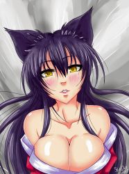 Rule 34 | 1girl, ahri (league of legends), animal ears, bare shoulders, black hair, blush, breasts, cleavage, fox, fox ears, fox tail, highres, large breasts, league of legends, long hair, multiple tails, shiny skin, stilldoll, tail, yellow eyes