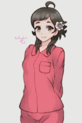 Rule 34 | 1girl, alternate costume, brown eyes, brown hair, commission, fire emblem, fire emblem fates, flower, freckles, hair flower, hair ornament, highres, looking at viewer, mozu (fire emblem), nintendo, pajamas, pink pajamas, rotomdocs, smile, solo