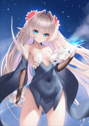 Rule 34 | &gt;:(, 1girl, arm at side, bare shoulders, black dress, black gloves, blonde hair, blue eyes, breasts, bridal gauntlets, clenched hand, closed mouth, collarbone, covered navel, cowboy shot, detached sleeves, dress, ehart, elf, eyelashes, floating hair, flower, from below, gloves, glowing, gold trim, hair between eyes, hair flower, hair intakes, hair ornament, hand up, highres, long hair, looking at viewer, looking down, night, original, pointy ears, short dress, sky, sleeveless, sleeveless dress, small breasts, solo, standing, star (sky), starry sky, straight hair, v-shaped eyebrows, very long hair