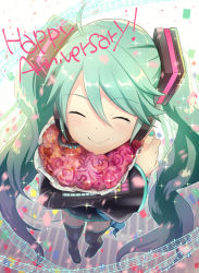 Rule 34 | 1girl, ^ ^, anniversary, beamed eighth notes, blue hair, blue nails, bouquet, closed eyes, confetti, crying, detached sleeves, eighth note, english text, fingernails, flower, foreshortening, from above, full body, happy, happy tears, hatsune miku, headset, holding, holding bouquet, holding flower, kikuchi mataha, long hair, musical note, nail polish, quarter note, red flower, red rose, rose, skirt, smile, solo, sparkle, tears, text focus, thighhighs, twintails, very long hair, vocaloid