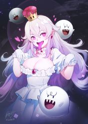 Rule 34 | 1girl, absurdres, blush, boo (mario), breasts, brooch, cleavage, crown, detached collar, dress, earrings, frilled dress, frilled gloves, frilled sleeves, frills, ghost, gloves, hair between eyes, hands up, heart, highres, jewelry, large breasts, long hair, long tongue, looking at viewer, luigi&#039;s mansion, mario (series), new super mario bros. u deluxe, nintendo, open mouth, patipat asavasena, pointy ears, princess king boo, puffy short sleeves, puffy sleeves, purple eyes, sharp teeth, short sleeves, signature, silver hair, smile, super crown, teeth, tongue, tongue out, twitter username, white dress, white gloves