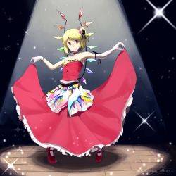 Rule 34 | 1girl, adapted costume, bare shoulders, blonde hair, brown eyes, choker, clothes lift, dress, dress lift, elbow gloves, female focus, flandre scarlet, gloves, inugami akito, red dress, short hair, side ponytail, skirt hold, smile, solo, touhou, wings