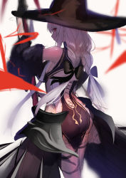 Rule 34 | 1girl, armor, ass, back, bare shoulders, black bow, black dress, black hat, blurry, bow, braid, breasts, clothing cutout, cowboy shot, depth of field, detached sleeves, dress, faulds, from behind, hair bow, hat, highres, holding, long hair, looking at viewer, looking back, nishibi mitsuba, original, polearm, profile, red eyes, revealing clothes, side cutout, solo, standing, twin braids, weapon, white hair, wide sleeves, witch, witch hat