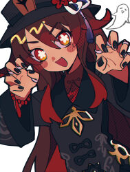 Rule 34 | 1girl, absurdres, bead bracelet, beads, black hat, black nails, blush, boo tao (genshin impact), bracelet, brown hair, claw pose, flower, flower-shaped pupils, genshin impact, ghost, hair between eyes, hat, hat flower, highres, hu tao (genshin impact), jewelry, long hair, long sleeves, looking at viewer, multicolored hair, multiple rings, open mouth, red eyes, red flower, red hair, ring, sidelocks, simple background, solo, symbol-shaped pupils, tassel, uotsu (sabakou), very long hair, white background