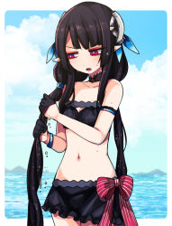 Rule 34 | 1girl, agi (neckless), anette (pso2), bikini, black bikini, black hair, cloud, day, hair ornament, head tilt, long hair, low twintails, navel, open mouth, phantasy star, phantasy star online 2, pointy ears, red eyes, sky, solo, standing, swimsuit, twintails, very long hair, water, wet, wringing hair