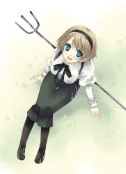 Rule 34 | 1girl, axis powers hetalia, blue eyes, blush, breasts, from above, grass, hairband, kokono coco, large breasts, looking at viewer, looking up, open mouth, pitchfork, short hair, sitting, ukraine (hetalia)