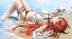 Rule 34 | 1girl, absurdres, arknights, arms up, babydoll, bare shoulders, bikini, black bikini, black choker, black ribbon, blush, bow, bracelet, breasts, burnt clothes, choker, criss-cross halter, day, detached sleeves, hair spread out, halterneck, highres, horns, jewelry, knees up, long hair, long sleeves, looking at viewer, lying, medium breasts, on back, on ground, outdoors, parted lips, purple eyes, red hair, ribbon, side-tie bikini bottom, sishima, soaking feet, solo, surtr (arknights), swimsuit, thigh strap, very long hair, water, wet, white bow