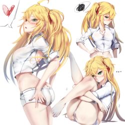Rule 34 | ..., 1girl, :o, admiral hipper (azur lane), ahoge, ass, azur lane, bare legs, barefoot, blonde hair, blush, breasts, butt crack, cleavage, collarbone, collared shirt, commentary, crop top, crossed bangs, english commentary, feet, green eyes, hair between eyes, hair ribbon, heart, highres, holding legs, long hair, looking at viewer, medium breasts, mole, mole under eye, multiple views, pout, red ribbon, ribbon, shirt, short shorts, shorts, simple background, sonaworld, speech bubble, spoken ellipsis, spoken heart, spoken squiggle, squiggle, stomach, toes, two side up, white background, white shirt, white shorts