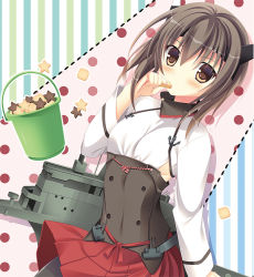 Rule 34 | 10s, 1girl, bad id, bad pixiv id, brown eyes, brown hair, bucket, cookie, eating, food, headgear, kantai collection, looking at viewer, machinery, moi (licoco), short hair, solo, star (symbol), taihou (kancolle)
