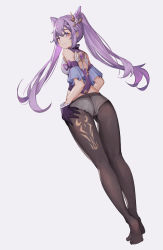 Rule 34 | 1girl, absurdres, artist request, ass, bare shoulders, blush, breasts, embarrassed, from behind, from below, genshin impact, gloves, highres, keqing (genshin impact), long hair, looking at viewer, looking back, looking down, panties, panties under pantyhose, pantyhose, purple eyes, purple hair, sideboob, solo, twintails, underwear, very long hair, vision (genshin impact)