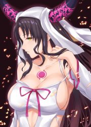 Rule 34 | 10s, 1girl, bare shoulders, black hair, blush, breasts, collarbone, detached sleeves, facial mark, fate/extra, fate/extra ccc, fate (series), forehead mark, hair flip, highres, horns, large breasts, long hair, long sleeves, looking at viewer, parted lips, profile, revealing clothes, sessyoin kiara, sideboob, solo, strap slip, tattoo, terry (pixiv3274443), upper body, veil, very long hair, wavy hair, yellow eyes