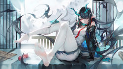 Rule 34 | 1girl, arknights, ass, bare shoulders, black hair, breasts, bukui shi wo, calligraphy brush, colored skin, dusk (arknights), foot focus, foreshortening, hair over one eye, highres, horns, jacket, long hair, looking at viewer, multicolored skin, paintbrush, pantyhose, red eyes, sitting, solo, very long hair, white pantyhose