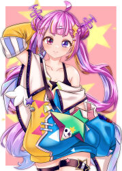 Rule 34 | 1girl, absurdres, ahoge, asymmetrical clothes, bag, commission, hair ornament, hand on own head, heterochromia, highres, idol corp, looking at viewer, multicolored hair, pink eyes, pink hair, purple eyes, riro ron, shoulder bag, sleeves past wrists, smile, star (symbol), thighs, twintails, virtual youtuber, wings