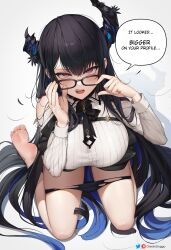 Rule 34 | 1girl, annoyed, ascot, asymmetrical horns, barefoot, black ascot, black hair, blue hair, breasts, demon horns, disappointed, english text, from above, glasses, greatodoggo, highres, hololive, hololive english, horns, large breasts, long hair, long sleeves, looking at viewer, mole, mole under eye, multicolored hair, nerissa ravencroft, nerissa ravencroft (1st costume), open mouth, panties, panty pull, red eyes, scowl, shirt, sitting, small penis humiliation, solo, speech bubble, teeth, thighs, toes, torn clothes, torn panties, two-tone hair, underwear, very long hair, virtual youtuber, wariza, white shirt
