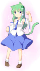 Rule 34 | 1girl, animal ears, armpits, blue eyes, blush, breasts, cat ears, cat tail, collared shirt, detached sleeves, frog hair ornament, green hair, hair ornament, kemonomimi mode, kochiya sanae, loafers, looking at viewer, necktie, nitizyo, paw pose, pigeon-toed, shirt, shoes, skirt, smile, snake hair ornament, socks, solo, tail, touhou, vest