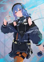 1girl absurdres belt beret blue_eyes blue_hair bow bowtie breast_pocket button_dress collared_shirt colored_inner_hair double-parted_bangs down_jacket dress frilled_dress frills from_below hair_ornament hat highres holding holding_microphone hololive hoshimachi_suisei hoshimachi_suisei_(casual) jacket jewelry looking_at_viewer microphone motoi_(croa76) multicolored_hair o-ring o-ring_belt o-ring_garter_belt o-ring_thigh_strap off_shoulder official_alternate_costume official_alternate_hairstyle orange_pantyhose pantyhose partially_unzipped pocket quilted_headwear quilted_jacket ring shirt side_ponytail skirt skirt_set sleeve_bow solo star_(symbol) star_hair_ornament thigh_strap two-sided_fabric two-sided_jacket virtual_youtuber