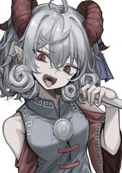 Rule 34 | 1girl, absurdres, ahoge, aqua shirt, bare shoulders, blue ribbon, detached sleeves, ear piercing, earrings, fangs, goat girl, goat horns, grey hair, highres, hisha (kan moko), holding, holding spoon, horn ornament, horn ribbon, horns, jewelry, looking at viewer, messy, open mouth, oversized object, piercing, pointy ears, print shirt, print sleeves, red eyes, red sleeves, ribbon, shirt, simple background, sleeveless, sleeveless shirt, solo, spoon, tongue, touhou, toutetsu yuuma, upper body, weapon, white background