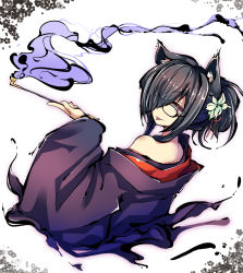 Rule 34 | 1girl, animal ears, bespectacled, black-framed eyewear, black hair, cat ears, flower, from behind, glasses, hair flower, hair ornament, hair over one eye, highres, holding, holding smoking pipe, japanese clothes, kimono, koharu (sennen sensou aigis), looking at viewer, looking back, off shoulder, ogami kazuki, sennen sensou aigis, slit pupils, smoking, smoking pipe, solo, tongue, tongue out