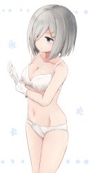 Rule 34 | 1girl, absurdres, bare arms, bare legs, bare shoulders, blue eyes, blush, bow, bow bra, bow panties, bra, breasts, cleavage, collarbone, expressionless, gloves, hair ornament, hair over one eye, hairclip, hamakaze (kancolle), hand up, highres, kantai collection, medium breasts, navel, panties, silver hair, skindentation, solo, standing, underwear, underwear only, white bra, white gloves, white panties, yuki (yukin0128)