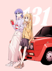 Rule 34 | 2girls, :t, ahoge, asymmetrical hair, blonde hair, bocchi the rock!, burger, car, closed mouth, cup, disposable cup, eating, fiat 131 abarth, food, food on face, french fries, full body, grey shirt, highres, holding, holding food, hood, hood down, hooded jacket, ijichi nijika, jacket, leaning back, leaning on object, long hair, long skirt, miniskirt, mole, mole under eye, motor vehicle, mouth hold, multiple girls, neonfloyd, nike (company), pink background, ponytail, purple hair, race vehicle, racecar, rally car, red car, shadow, shirt, shoes, sidelocks, skirt, sneakers, standing, white skirt, yamada ryo, yellow jacket