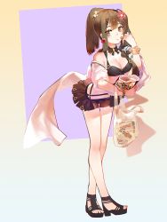 Rule 34 | 1girl, bad id, bad pixiv id, bag, bikini, breasts, brown eyes, brown hair, casual, chips (food), cleavage, food, girls&#039; frontline, hair ornament, hairclip, highres, k2 (girls&#039; frontline), long hair, looking at viewer, mania (fd6060 60), medium breasts, ponytail, potato chips, shopping bag, solo, standing, swimsuit