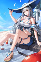 Rule 34 | 1girl, absurdres, arknights, bare legs, bare shoulders, beach, blue shorts, blue sky, bowlp, cloud, commentary, crop top, day, grey hair, hat, highres, long hair, looking at viewer, midriff, navel, ocean, off-shoulder shirt, off shoulder, parted lips, red eyes, sandals, shirt, short shorts, short sleeves, shorts, sitting, skadi (arknights), skadi (waverider) (arknights), sky, solo, stomach, sun hat, thigh strap, very long hair, water, white hat, white shirt