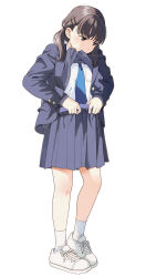 Rule 34 | 1girl, black hair, blue jacket, blue necktie, blue skirt, blush, brown eyes, closed mouth, clothes lift, full body, grey sweater, hair ornament, hairclip, jacket, lifted by self, long hair, low twintails, mattaku mousuke, mouth hold, necktie, open clothes, open jacket, original, pleated skirt, school uniform, shirt, shoes, simple background, skirt, socks, solo, standing, sweater, sweater lift, twintails, twitter username, watermark, white background, white footwear, white shirt, white socks