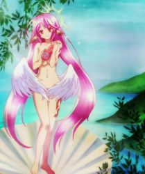 Rule 34 | 1girl, angel wings, breasts, closed mouth, spiked halo, feathered wings, fine art parody, gradient hair, halo, highres, jibril (no game no life), long hair, looking at viewer, low wings, magic circle, multicolored eyes, multicolored hair, navel, no game no life, nude, parody, pink hair, purple eyes, screencap, smile, solo, standing, tattoo, the birth of venus, very long hair, white wings, wing ears, wings, yellow eyes