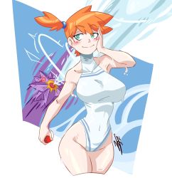 Rule 34 | 1girl, absurdres, aqua eyes, blush stickers, breasts, creatures (company), game freak, gen 1 pokemon, gym leader, highres, holding, holding poke ball, large breasts, legs, legs together, misty (pokemon), navel, nintendo, nipples, one-piece swimsuit, orange hair, poke ball, pokemon, pokemon (creature), pokemon rgby, short hair, solo, starmie, swimsuit, thighs, water, wet, white one-piece swimsuit, wide hips