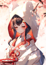 Rule 34 | 1girl, absurdres, black hair, blurry, blurry background, blurry foreground, blush, brown eyes, closed mouth, commentary request, cup, depth of field, hair ornament, half-closed eyes, highres, holding, holding cup, hololive, inre kemomimi, japanese clothes, kimono, long hair, multicolored hair, ookami mio, petals, red eyes, sakazuki, sidelocks, smile, solo, streaked hair, uchikake, upper body, virtual youtuber, white kimono