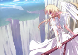 Rule 34 | angel, angel wings, bare shoulders, blonde hair, blue eyes, bow, dress, landscape, long hair, pointy ears, profile, solo, tsurusaki takahiro, wings