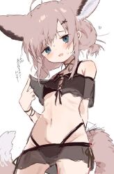 1girl animal_ears arknights arm_behind_back bikini black_bikini blue_eyes blush breasts brown_hair brown_tail cowboy_shot emaciated grey_tail groin hair_ornament heart looking_at_viewer navel official_alternate_costume open_mouth short_hair simple_background sketch small_breasts solo standing sussurro_(arknights) sussurro_(summer_flower)_(arknights) sweat swimsuit tail translation_request unitedunti white_background