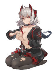 Rule 34 | 1girl, absurdres, antennae, applying bandaid, arknights, bandaid, bandaids on nipples, black choker, black jacket, black pantyhose, black skirt, breasts, chinese commentary, choker, collarbone, commentary request, full body, grey hair, highres, horns, jacket, large breasts, looking at viewer, medium hair, open clothes, open jacket, pantyhose, parted lips, pasties, pleated skirt, red eyes, seiza, simple background, sitting, skirt, sleeves rolled up, solo, torn clothes, torn pantyhose, w (arknights), white background, zygocactus