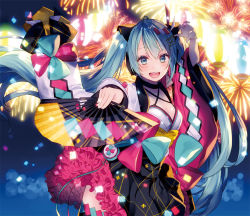 Rule 34 | 1girl, aqua hair, bad id, bad pixiv id, black skirt, bow, commentary request, criss-cross halter, fireworks, folding fan, frilled skirt, frills, hair bow, hair ribbon, halterneck, hand fan, hand up, hatsune miku, holding, holding fan, japanese clothes, kimono, long hair, looking at viewer, magical mirai (vocaloid), magical mirai miku, magical mirai miku (2020 summer), night, night sky, open mouth, ribbon, shiomizu (swat), skirt, sky, smile, solo, twintails, very long hair, vocaloid, yukata