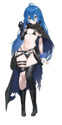 Rule 34 | 1girl, ahoge, ammunition belt, bandaged arm, bandaged leg, bandages, belt pouch, bikini, bikini under clothes, black bikini, black footwear, black thighhighs, blue eyes, blue hair, boots, breasts, cape, commentary, full body, gluteal fold, hair between eyes, hair ornament, hand up, high collar, highleg, highleg bikini, highres, holding, holding hair, knee boots, long hair, looking at viewer, mismatched pupils, nakamura nagare, navel, original, pouch, small breasts, smile, solo, standing, stomach, string bikini, swimsuit, thigh strap, thighhighs, thighs, torn cape, torn clothes, transparent background, waist cape, wrist cuffs