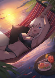 Rule 34 | 1girl, ;d, armpits, arms up, beach, bikini, black bikini, blue eyes, breasts, cleavage, cup, drink, drinking glass, dutch angle, evening, food, fruit, grapes, grey hair, hammock, hand up, highres, kiwi (fruit), kiwi slice, large breasts, lemon, lemon slice, lodbyy, long hair, navel, ocean, one eye closed, open mouth, original, outdoors, plate, skindentation, smile, solo, stretching, sun, sunlight, sunset, swimsuit, underboob, water
