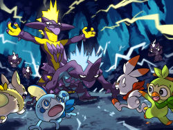 Rule 34 | blue eyes, cave interior, commentary request, creatures (company), crying, electricity, evolutionary line, fang, flying teardrops, game freak, gen 8 pokemon, grookey, nintendo, open mouth, paripi nasubi, pokemon, pokemon (creature), pokemon mystery dungeon, scorbunny, sobble, starter pokemon trio, sweatdrop, tongue, tongue out, toxel, toxtricity, toxtricity (amped), toxtricity (low key), yamper
