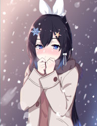 Rule 34 | 1girl, :o, black hair, blue eyes, blue hair, blush, bow, brown coat, brown scarf, brown sweater, coat, commentary request, fringe trim, glint, gradient hair, hair between eyes, hair bow, hair ornament, hair ribbon, hands up, highres, kobayashi aisu, long hair, long sleeves, memekun, mic on project, multicolored hair, nose blush, parted lips, ribbon, scarf, snowflake hair ornament, snowing, solo, star (symbol), star hair ornament, sweater, very long hair, virtual youtuber, white bow, white ribbon