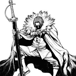 Rule 34 | 1boy, boichi, cape, full body, fur-trimmed cape, fur trim, holding, holding sword, holding weapon, looking down, male focus, monochrome, one piece, red hair, sandals, shadow, shanks (one piece), short hair, sitting, sleeves rolled up, solo, sword, weapon, white background