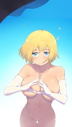 Rule 34 | 1girl, absurdres, air bubble, areola slip, bare shoulders, blonde hair, blue background, blue eyes, blush, breasts, bubble, cleavage, closed mouth, covering nipples, covering privates, cowboy shot, cross, cross necklace, elbow gloves, en&#039;en no shouboutai, gloves, gradient background, groin, hair between eyes, highres, holding breath, iris (enen no shouboutai), jewelry, large breasts, looking at viewer, navel, necklace, nude, own hands together, rou (rou22), see-through, short hair, smile, solo, steepled fingers, submerged, underwater, wet, wet clothes, white gloves