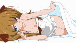 Rule 34 | 1girl, bare arms, bare shoulders, bed invitation, bed sheet, blue eyes, bow, breasts, brown bow, brown hair, chemise, cleavage, closed mouth, collarbone, downblouse, evangelion: 2.0 you can (not) advance, hair between eyes, hair bow, hair over shoulder, highres, holding, holding own hair, long hair, looking at viewer, lying, medium breasts, neon genesis evangelion, on side, rebuild of evangelion, senjitsu musou, sexually suggestive, solo, souryuu asuka langley, spaghetti strap, thigh gap, twintails, under covers, underwear, underwear only, very long hair, white background, white chemise