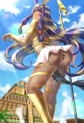 Rule 34 | 1boy, 2girls, absurdres, animal ears, armlet, ass, between buttocks, blonde hair, bracelet, cloud, commission, dark-skinned female, dark skin, earrings, egyptian, facial mark, fate/grand order, fate (series), giant, giantess, gold earrings, heracles (fate), highres, holding, holding staff, hoop earrings, jackal ears, jewelry, kneehighs, loincloth, long hair, looking back, mash kyrielight, multicolored hair, multiple girls, nitocris (fate), nitocris (third ascension) (fate), numaguro (tomokun0808), open mouth, palm tree, purple eyes, purple hair, revealing clothes, skeb commission, skirt, sky, socks, staff, tree, two-tone hair, vambraces, very long hair, white skirt, ziggurat